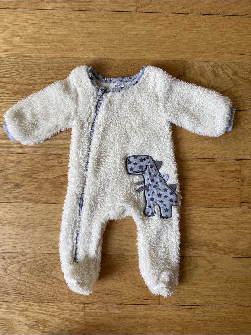 Baby Essentials Cream Plush Footed One-Piece with Gray Star Dino